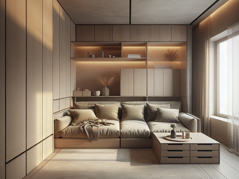 Ambiente moderno com sofá-cama multifuncional e armazenamento elegante